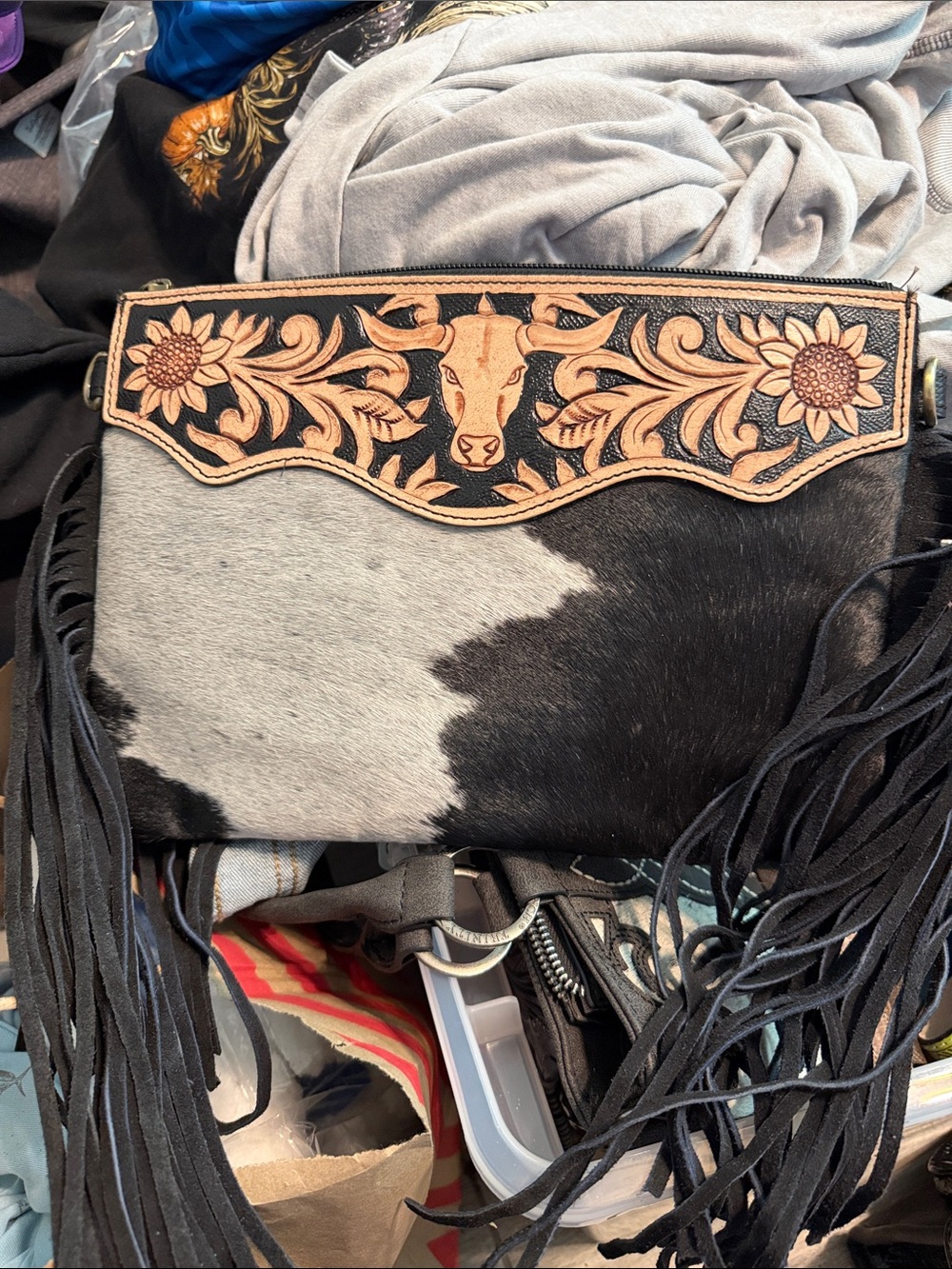 Fringed Cowhide Crossbody Bag with Floral Tooled Leather Panel